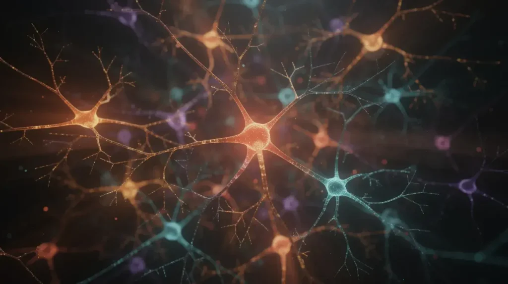 Macrodose + Microdose: How a High-Dose Psilocybin "Reset" Can Supercharge Your Schedule 3 An abstract artistic rendering depicts glowing interconnected neurons forming new communication pathways in warm and cool colors against a dark background, symbolizing brain activity and the potential of psychedelic medicine like psilocybin to reset neural networks and treat conditions such as depression. The image captures the essence of neural plasticity and the dynamic changes in different brain regions, reflecting the ongoing research and findings in mental health treatment.