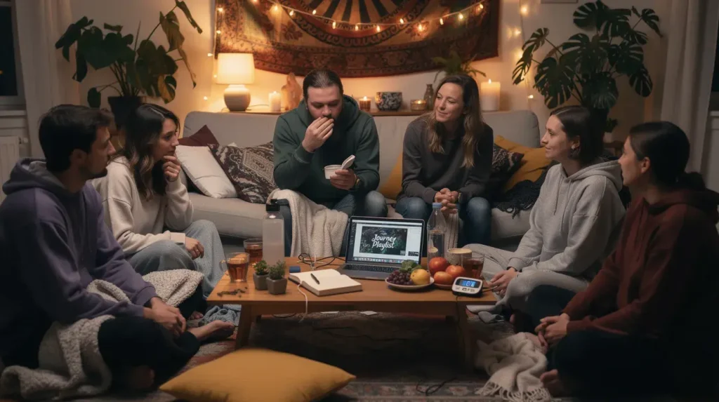 Macrodose + Microdose: How a High-Dose Psilocybin "Reset" Can Supercharge Your Schedule 1 A group of friends is gathered together, preparing to embark on a macrodose session with magic mushrooms, which contain the psychoactive compound psilocybin known for its potential in treating depression and anxiety.