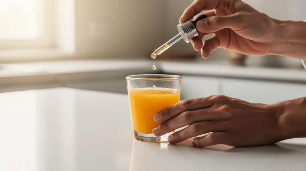 Microdose tincture being dropped into orange juice