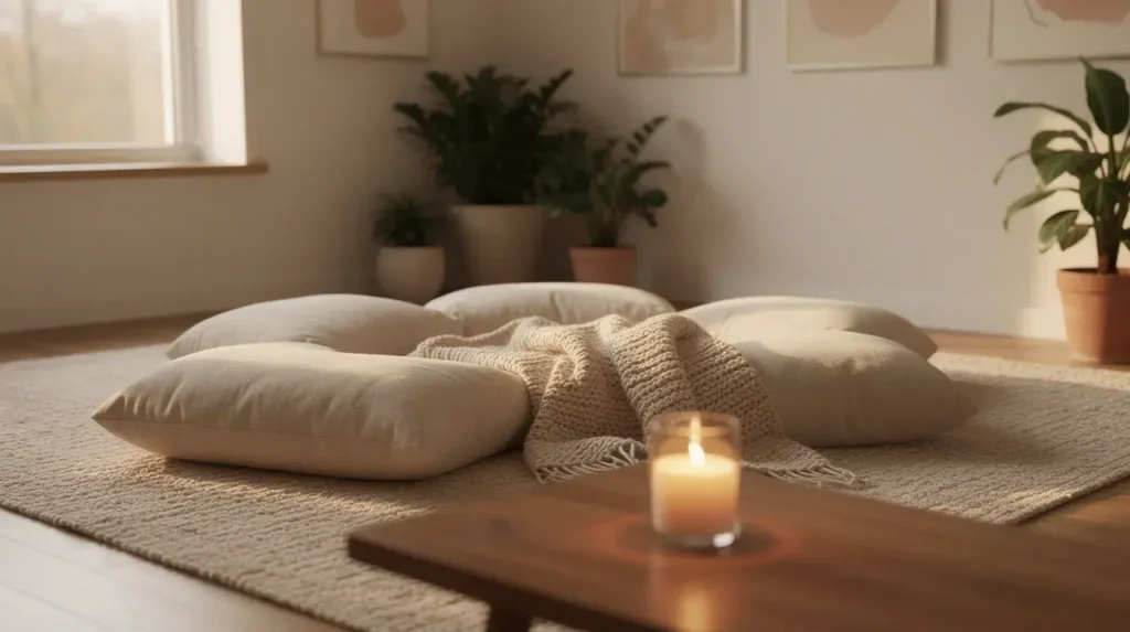 Macrodose + Microdose: How a High-Dose Psilocybin "Reset" Can Supercharge Your Schedule 2 The image depicts a serene indoor space bathed in soft natural light, featuring cushions scattered on the floor, a cozy blanket, and a flickering candle, creating an inviting atmosphere for a safe psychedelic experience. This tranquil setting is ideal for exploring the effects of psilocybin, a psychoactive compound known for its potential in treating depression and enhancing mental health.