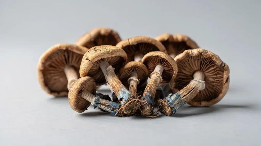 Magic Mushrooms Gone Bad: The Ultimate Guide to Old, Weak & Spoiled Dried Shrooms 3 A close-up image depicts properly dried tan and brown magic mushrooms, showcasing distinct blue bruising on their stems, all set against a light grey background. These dried psilocybin mushrooms are a visual representation of their unique characteristics, often associated with psychedelic effects and the importance of proper storage to maintain potency.